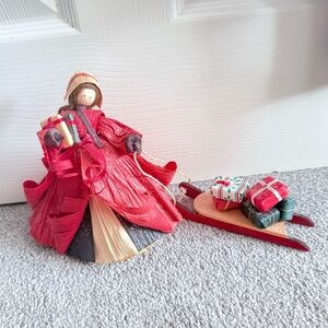 Nan’s Vintage 1993 Cornhusk Handmade Lady Christmas Sled Folk Art Doll